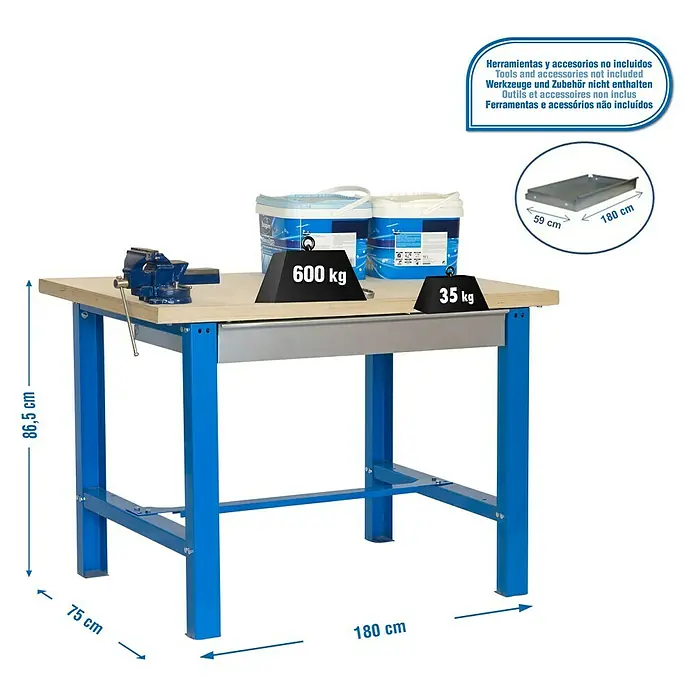 Simonrack Simonwork Werkbank BT6L MDF 1BOX - L x B: 75 x 180 cm, Arbeitshöhe: 86,5 cm, Belastbarkeit: 635 kg, Blau - Abbildung eines stabilen Werkzeugtisches mit Schraubstock, belastbar mit 600 kg, Maße: 86,5 x 75 x 180 cm. Perfekt für jede Werkstatt!