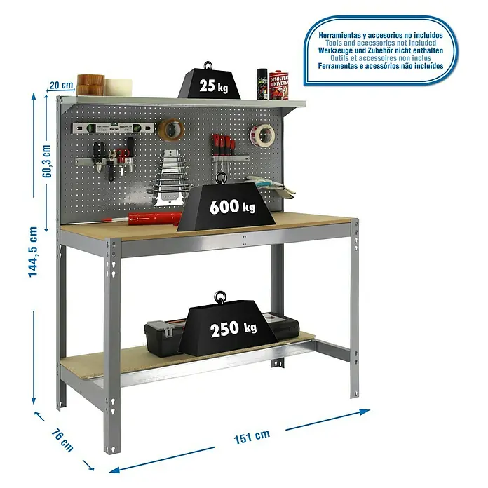 Simonrack Simonwork Werkbank BT3 1500 - L x B: 61 x 151 cm, Arbeitshöhe: 144,5 cm, Belastbarkeit: 600 kg, Grau - Werkbank mit Lochwand, Ablage und Werkzeugablage. Ideal für Werkstatt, Hobbyraum oder Garage. Belastbar und robust.