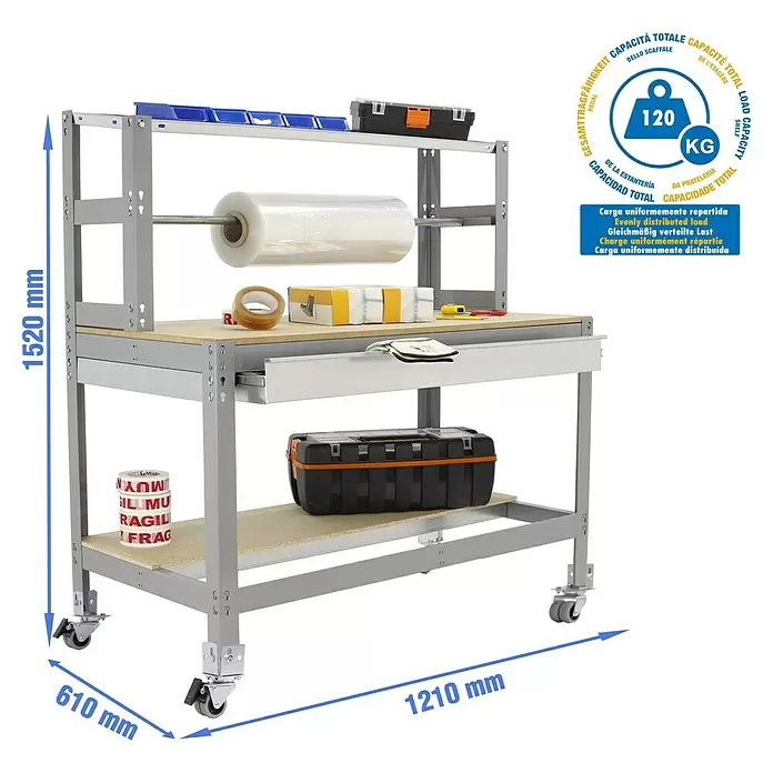 Simonrack Simonwork Werkbank MOBILE BT4 BOX - L x B: 76 x 121 cm, Arbeitshöhe: 144,5 cm, Belastbarkeit: 120 kg, Grau - Mobiler grauer Metall-Arbeitstisch mit Holzablagen, Schublade und Rollen. Maße: 1520x1210x610 mm, 120 kg verteilte Traglast.