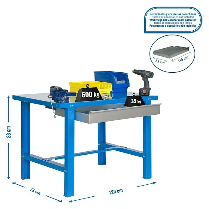 Simonrack Simonwork Werkbank BT6L METAL 1BOX - L x B: 73 x 120 cm, Arbeitshöhe: 83 cm, Belastbarkeit: 600 kg, Blau - Abbildung eines blauen Werkstatttisches mit Werkzeugen und Zubehör, einschließlich Größenangaben und Gewichtsangaben.