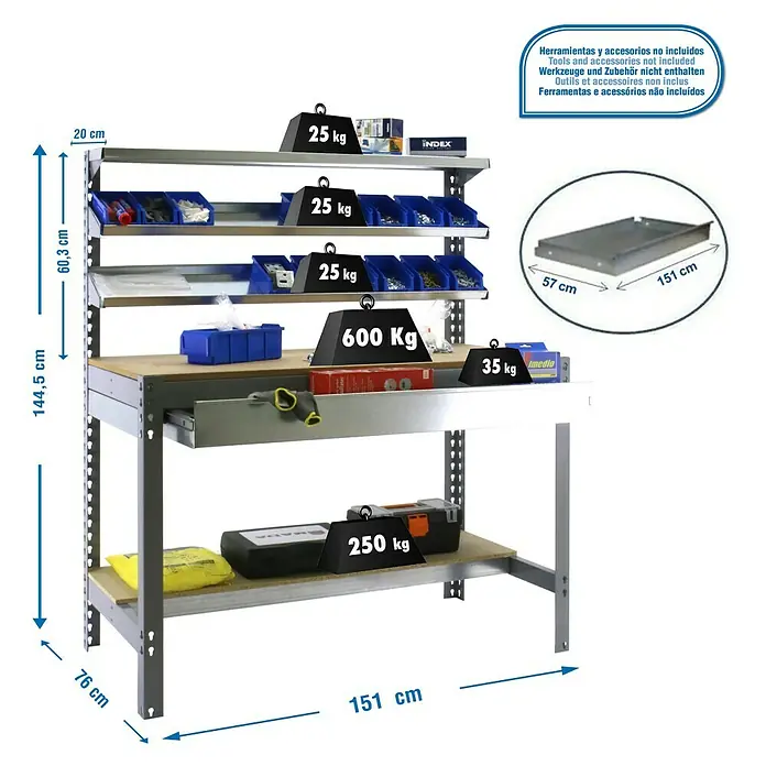Simonrack Simonwork Werkbank BT1 Box 1500 - Breite: 151 cm, Grau/Holz - Abbildung einer Werkbank mit Regalen und Zubehör, die eine solide und vielseitige Arbeitsplatzlösung für verschiedene Aufgaben bietet.