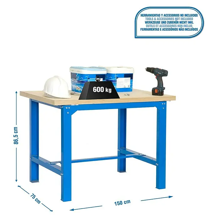 Simonrack Simonwork Werkbank BT6L MDF 1500 - L x B: 75 x 150 cm, Arbeitshöhe: 86,5 cm, Belastbarkeit: 600 kg, Blau/Holz - Werkbank mit blauem Metallrahmen und einer Tischplatte aus hellem Holz, inklusive Zubehör und Werkzeugen.