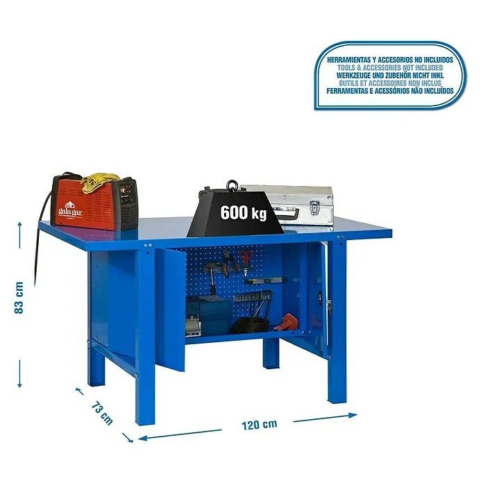 Simonrack Simonwork Werkbank BT6 Metal Cabinet 1200 - L x B: 73 x 120 cm, Arbeitshöhe: 83 cm, Belastbarkeit: 600 kg, Blau - Blaue Werkbank mit Werkzeug, Schweißgerät und Gewicht. Robust und ideal für Werkstattarbeiten.