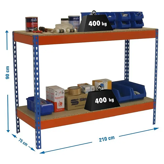 Simonrack Simonwork Werkbank Basic 2 - L x B: 76 x 210 cm, Arbeitshöhe: 90 cm, Belastbarkeit: 1.200 kg, Orange/Blau - Regal mit zwei Ebenen und blau-orangem Gestell. Die maximale Belastbarkeit beträgt 400 kg pro Ebene.