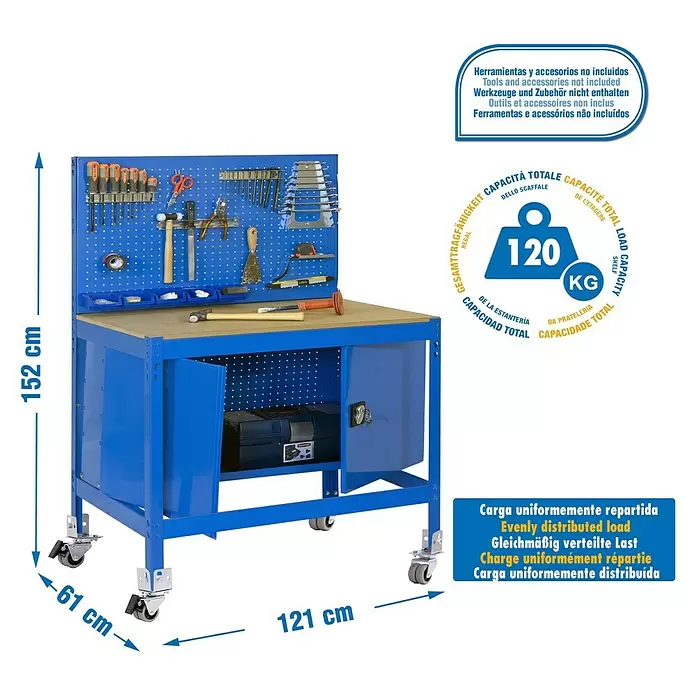 Simonrack Simonwork Banco de trabajo BT2 Locker Mobile - L x An: 61 x 121 cm, Altura de trabajo: 144,5 cm, Carga soportada: 120 kg, Azul - Banco de trabajo azul de metal con tablero de madera, panel perforado, armario, ruedas y 120 kg de capacidad.