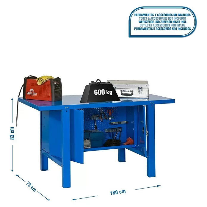 Simonrack Simonwork Werkbank BT6L METAL CABINET 1800 - L x B: 73 x 180 cm, Arbeitshöhe: 83 cm, Belastbarkeit: 600 kg, Blau - Blauer Metall-Werkstatttisch mit Schränken, Lochwand und 600 kg Traglast.