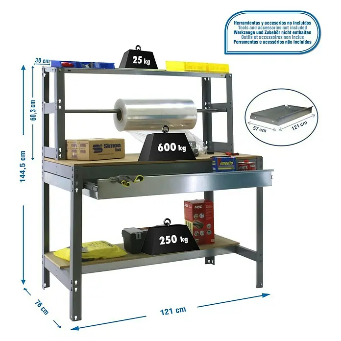 Simonrack Simonwork Werkbank BT4 Box 1200 - L x B: 76 x 121 cm, Arbeitshöhe: 144,5 cm, Belastbarkeit: 875 kg, Grau - Werkbank mit mehreren Ablageflächen und Schublade zur Aufbewahrung von Werkzeugen und Zubehör.