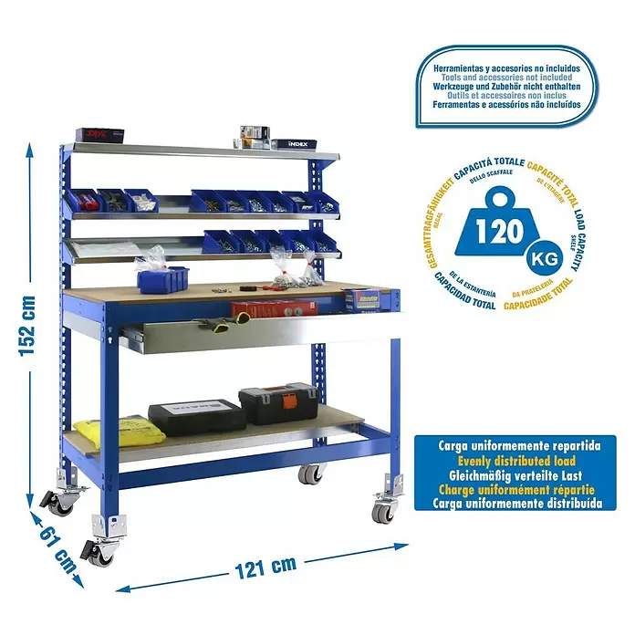Simonrack Simonwork Werkbank MOBILE BT1 BOX - L x B: 61 x 121 cm, Arbeitshöhe: 152 cm, Belastbarkeit: 120 kg, Blau - Blauer Metall-Arbeitstisch mit drei Regalböden, einer Schublade und Rollen. Maße: 152x121x61 cm, 120 kg gleichmäßig verteilte Tragfähigkeit.
