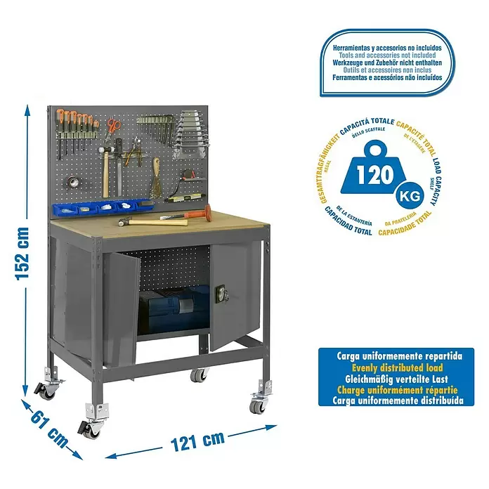 Simonrack Simonwork Werkbank MOBILE BT2 CABINET - L x B: 61 x 121 cm, Arbeitshöhe: 144,5 cm, Belastbarkeit: 120 kg, Grau - Graue Metallwerkbank mit Holzplatte, Lochwand, Stauschränken und Rollen. Maße: 152x121x61 cm; 120 kg Gesamtkapazität (gleichmäßig verteilt).