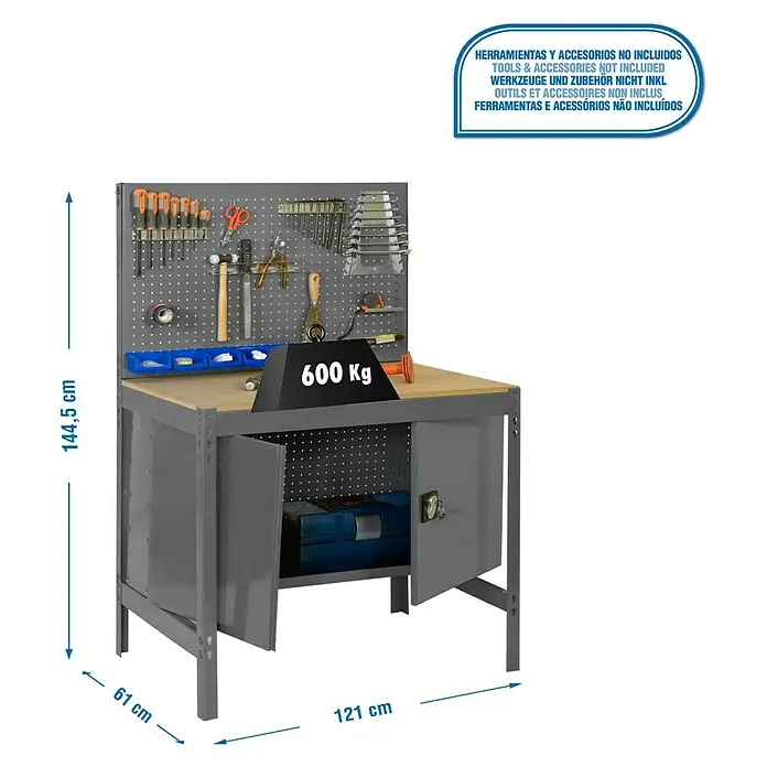 Simonrack Simonwork Werkbank BT2 Cabinet 1200 - L x B: 61 x 121 cm, Arbeitshöhe: 144,5 cm, Belastbarkeit: 600 kg, Grau - Werkbank mit Werkzeugwand, Unterschrank und Arbeitsfläche. Die Werkbank bietet viel Stauraum und eine praktische Arbeitsfläche für Handwerker.