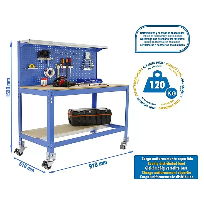 Simonrack Simonwork Werkbank MOBILE BT3 - L x B: 61 x 91 cm, Arbeitshöhe: 144,5 cm, Belastbarkeit: 120 kg, Blau - Blaue Werkbank mit Lochwand, Holzablagen und feststellbaren Rollen. Mit 120 kg Tragkraft und kompakten Maßen.