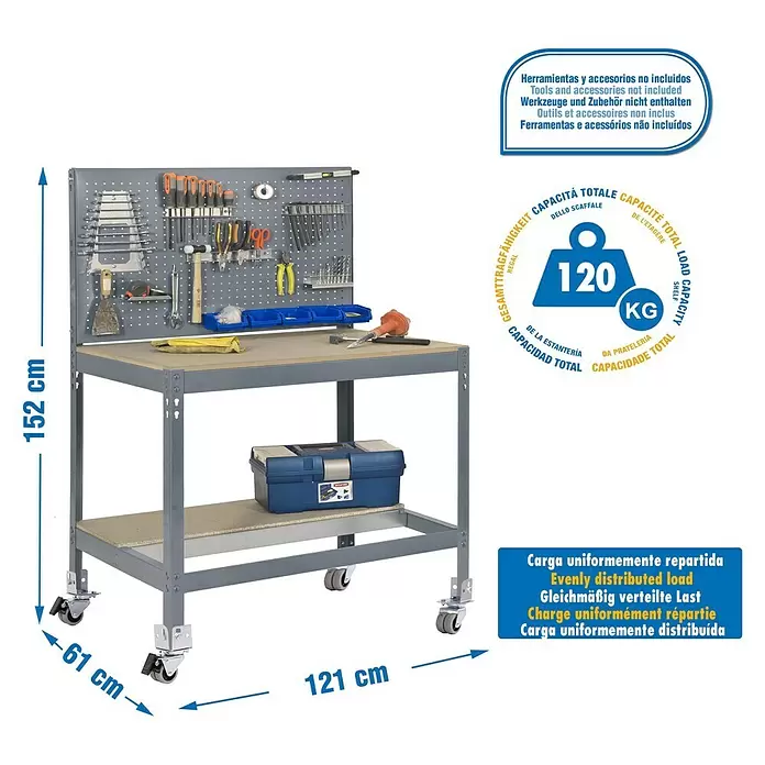 Simonrack Simonwork Werkbank MOBILE BT2 - L x B: 61 x 121 cm, Arbeitshöhe: 152 cm, Belastbarkeit: 120 kg, Grau - Graue mobile Werkbank mit Lochwand, Arbeitsplatte und Ablage, 152x121x61 cm. Tragkraft 120 kg. Werkzeuge nicht enthalten.