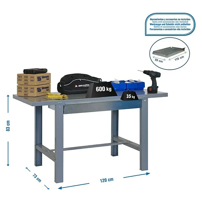 Simonrack Simonwork Werkbank BT6L METAL 1BOX - L x B: 73 x 120 cm, Arbeitshöhe: 83 cm, Belastbarkeit: 635 kg, Grau - Abbildung eines Werkstatttisches mit Zubehör. Der Tisch hat eine Arbeitsfläche von 120x73 cm und eine Höhe von 83 cm.