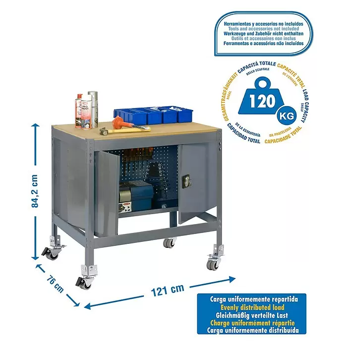 Simonrack Simonwork Werkbank MOBILE BT0 CABINET - L x B: 76 x 121 cm, Arbeitshöhe: 91,7 cm, Belastbarkeit: 120 kg, Grau - Graue Metall-Werkbank mit Holzplatte, Schrank und Lochwand, mobil auf Rollen. 84,2x121x76 cm (HxBxT), 120 kg Traglast.