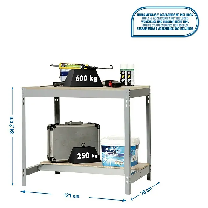 Simonrack Simonwork Werkbank BT0 - L x B: 76 x 121 cm, Arbeitshöhe: 84,2 cm, Belastbarkeit: 600 kg, Grau - Abbildung eines Werkstatttisches mit Werkzeugen und Zubehör, die nicht im Lieferumfang enthalten sind, mit Gewichtsangaben.