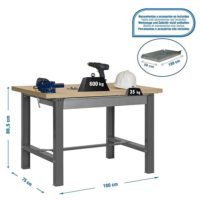 Simonrack Simonwork Banco de trabajo BT6 Plywood Box (L x Al: 76 x 86,5 cm, Ancho: 180 cm, Capacidad de carga: 800 kg, Gris)