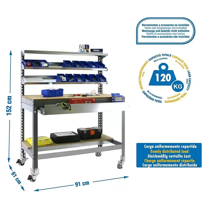 Simonrack Simonwork Werkbank MOBILE BT1 BOX - L x B: 61 x 91 cm, Arbeitshöhe: 152 cm, Belastbarkeit: 120 kg, Grau - Metall-Werkbank mit Holzplatte und Regalen, inkl. Aufbewahrungsbehältern, Rollen und Maßen (152x91x61 cm).