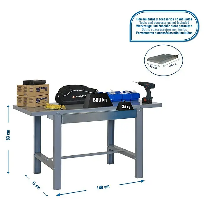Simonrack Simonwork Werkbank BT6L METAL 1BOX - L x B: 73 x 180 cm, Arbeitshöhe: 83 cm, Belastbarkeit: 635 kg, Grau - Abbildung eines grauen Arbeitstisches mit Zubehör und Maßangaben für Höhe, Tiefe und Länge.