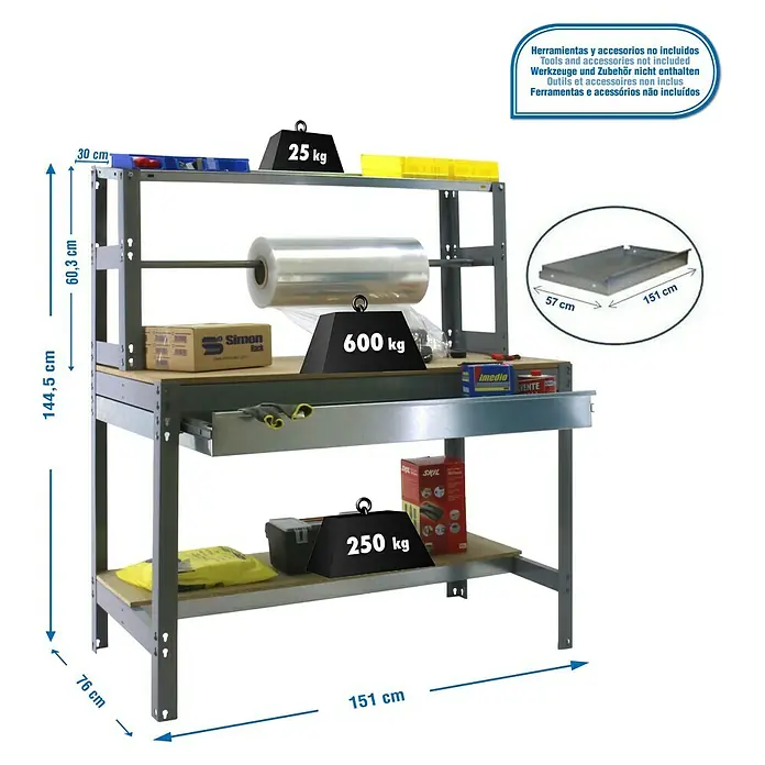 Simonrack Simonwork Werkbank BT4 Box 1500 - L x B: 76 x 151 cm, Arbeitshöhe: 144,5 cm, Belastbarkeit: 875 kg, Grau - Abbildung einer Werkbank mit verschiedenen Werkzeugen und Zubehör, wobei die Maße und Gewichtskapazitäten hervorgehoben werden.