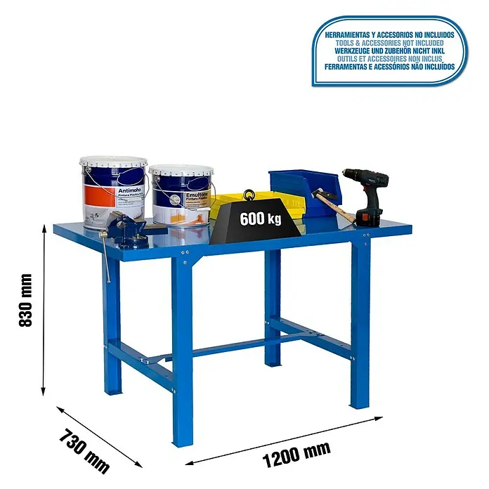 Simonrack Simonwork Werkbank BT6 Metal 1200 - L x B: 73 x 120 cm, Arbeitshöhe: 83 cm, Belastbarkeit: 600 kg, Blau - Abbildung eines blauen Arbeitstisches mit Farbdosen, Schraubstock, Gewicht, Hammer, Bohrmaschine und Behältern mit Werkzeug.