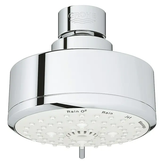 Grohe Tempesta Cosmopolitan 100 Kopfbrause - Durchmesser: 10 cm, 9,5 l/min, Chrom - Nahaufnahme eines Grohe Duschkopfes mit verschiedenen Strahlarten.