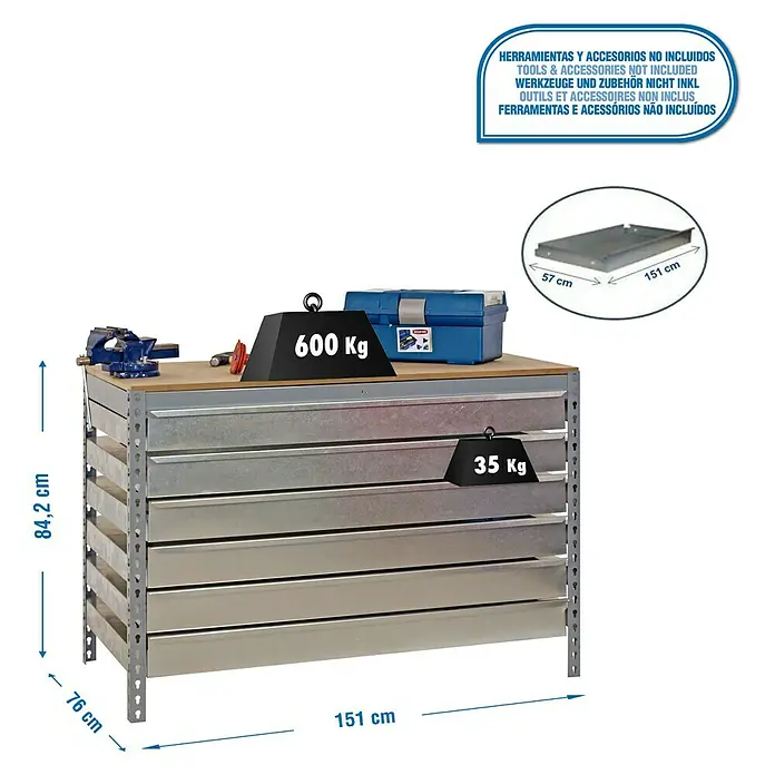 Simonrack Simonwork Werkbank BT5 Box 6 1500 - L x B: 76 x 151 cm, Arbeitshöhe: 84,2 cm, Belastbarkeit: 810 kg, Grau - Werkbank mit Schubladen zur Aufbewahrung von Werkzeugen, ausgestattet mit Gewichten zur Darstellung der maximalen Traglast.