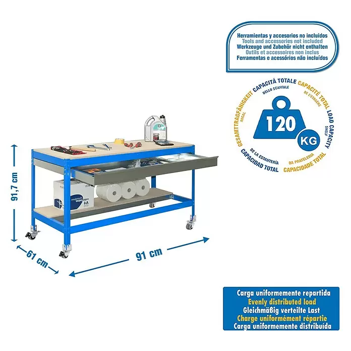 Simonrack Simonwork Werkbank MOBILE BT0 BOX - L x B: 61 x 91 cm, Arbeitshöhe: 91,7 cm, Belastbarkeit: 120 kg, Blau - Blaue Metall-Werkbank mit Holzplatte, Schublade und Rollen. Maße 91x61x91,7cm, Tragkraft 120kg gleichmäßig verteilt.
