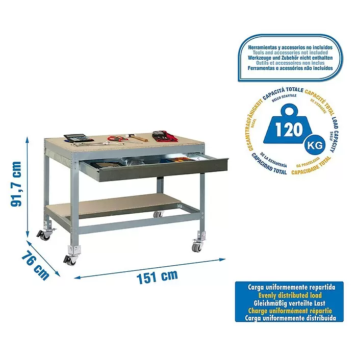 Simonrack Simonwork Werkbank MOBILE BT0 BOX - L x B: 76 x 151 cm, Arbeitshöhe: 91,7 cm, Belastbarkeit: 120 kg, Grau - Mobiler Arbeitstisch mit grauem Metallrahmen, heller Holzplatte, Ablage und Schublade.
