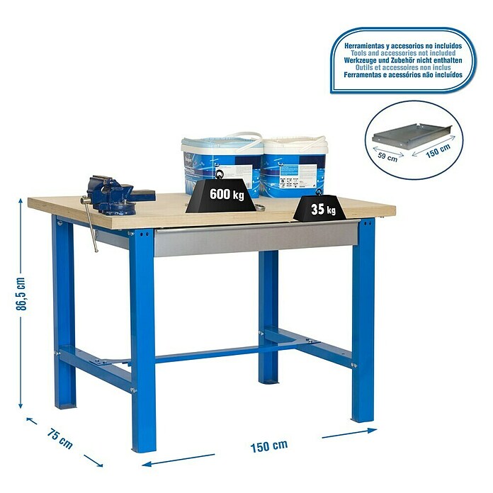 Simonrack Simonwork Banco de trabajo BT6 Box Madera (L x Al: 75 x 86,5 cm, Ancho: 150 cm, Capacidad de carga: 800 kg, Azul)