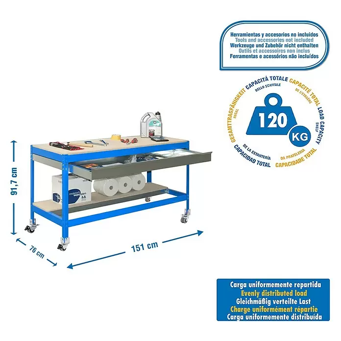 Simonrack Simonwork Werkbank MOBILE BT0 BOX - L x B: 76 x 151 cm, Arbeitshöhe: 91,7 cm, Belastbarkeit: 120 kg, Blau - Blaue und graue mobile Werkbank mit Ablagen und Schublade, 120 kg Tragfähigkeit.