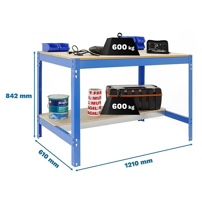 Simonrack Simonwork Banco de trabajo BT0 (L x An: 61 x 121 cm, Altura de trabajo: 84,2 cm, Carga soportada: 850 kg, Azul) | BAUHAUS