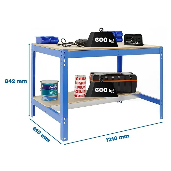 Simonrack Simonwork Banco de trabajo BT0 - L x An: 61 x 121 cm, Altura de trabajo: 84,2 cm, Carga soportada: 850 kg, Azul - Un banco de trabajo azul resistente con dos niveles, capaz de soportar hasta 600 kg por nivel, ideal para tareas de taller.