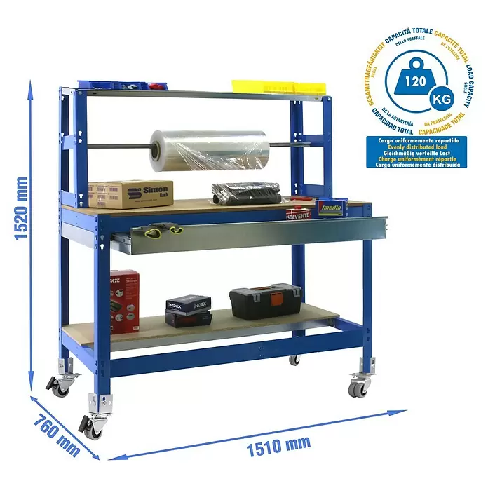 Simonrack Simonwork Werkbank MOBILE BT4 BOX - L x B: 76 x 151 cm, Arbeitshöhe: 152 cm, Belastbarkeit: 120 kg, Blau - Blauer Metall-Arbeitstisch auf Rollen mit Holzablagen und Stretchfolie. Maße: 1510x760x1520mm, 120kg Tragkraft.