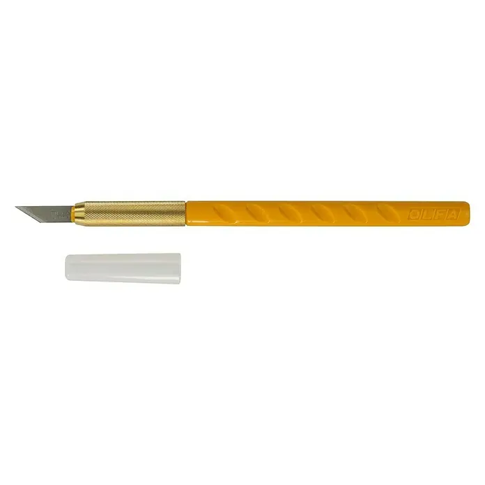 Olfa Präzisionsmesser AK-1 - Skalpellklinge, 6 -tlg. - Gelbes OLFA-Bastelmesser mit scharfer Klinge und Griff, ideal für präzise Schnitte bei Modellbau und Papierarbeiten. Inklusive Schutzkappe für sichere Aufbewahrung.