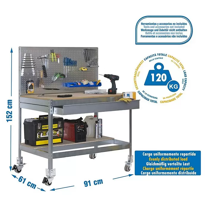 Simonrack Simonwork Werkbank MOBILE BT2 BOX - L x B: 61 x 91 cm, Arbeitshöhe: 152 cm, Belastbarkeit: 120 kg, Silber - Graue Metall-Werkbank auf Rollen mit Lochwand, Holz-Arbeitsplatte und Ablageböden.