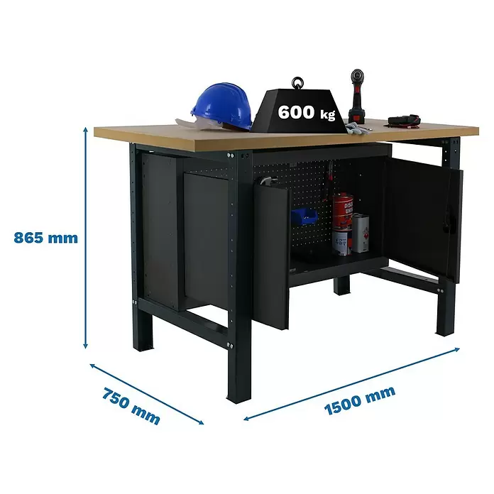 Simonrack Simonwork Werkbank BT6L MDF CABINET 1500 - L x B: 75 x 150 cm, Arbeitshöhe: 86,5 cm, Belastbarkeit: 600 kg, Schwarz - Dunkelgraue Metall-Werkbank mit Holzplatte, zwei Schränken und Werkzeugablage, Maße 1500x750x865 mm, 600 kg Tragkraft.