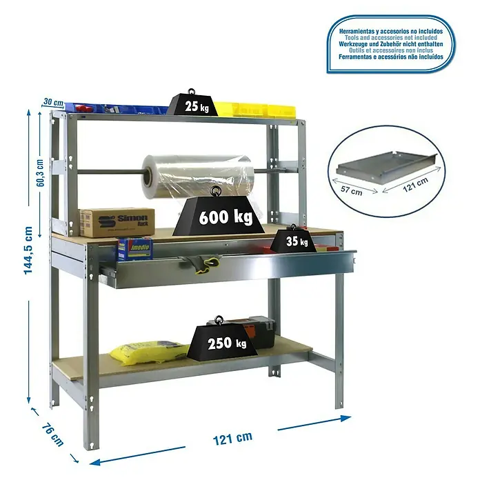 Simonrack Simonwork Werkbank BT4 Box 1200 - L x B: 76 x 121 cm, Arbeitshöhe: 144,5 cm, Belastbarkeit: 875 kg, Silber - Das Bild zeigt eine Werkbank mit einer Traglast von bis zu 600 kg und einer Ablage für Werkzeuge und Zubehör.