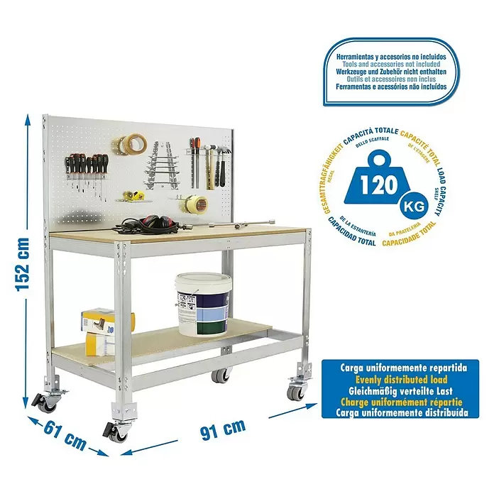 Simonrack Simonwork Werkbank MOBILE BT2 - L x B: 61 x 91 cm, Arbeitshöhe: 152 cm, Belastbarkeit: 120 kg, Silber - Silberne Metall-Werkbank mit Holzplatte, Ablage, Lochwand & Rollen. Maße: 152x91x61 cm. 120 kg Gesamttragfähigkeit.