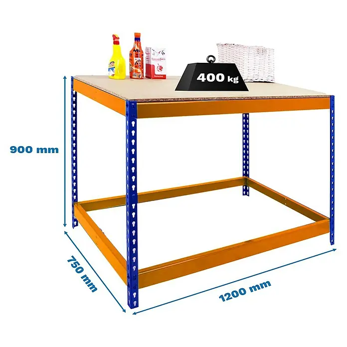 Simonrack Simonwork Werkbank Basic 1 - L x B: 75 x 120 cm, Arbeitshöhe: 90 cm, Belastbarkeit: 400 kg, Orange/Blau - Produktabbildung eines stabilen Lagerregals mit den Maßen 900 mm Höhe, 750 mm Breite und 1200 mm Länge. Die maximale Traglast beträgt 400 kg.