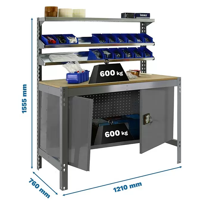 Simonrack Simonwork Werkbank BT1 Cabinet 1200 - L x B: 76 x 121 cm, Arbeitshöhe: 155,5 cm, Belastbarkeit: 75 kg, Grau - Graue Metallwerkbank mit Holzarbeitsplatte, Regalböden, Schränken und 600 kg Tragfähigkeit.