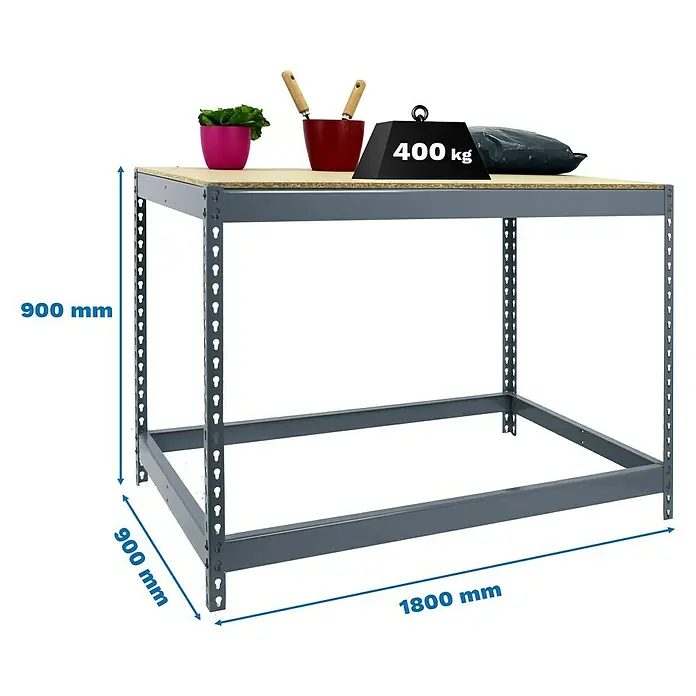 Simonrack Simonwork Werkbank Basic 1 - L x B: 90 x 180 cm, Arbeitshöhe: 90 cm, Belastbarkeit: 400 kg, Grau - Produktbild eines grauen Werkstatttisches mit Holzplatte und den Maßen 900 x 900 x 1800 mm, belastbar bis 400 kg.