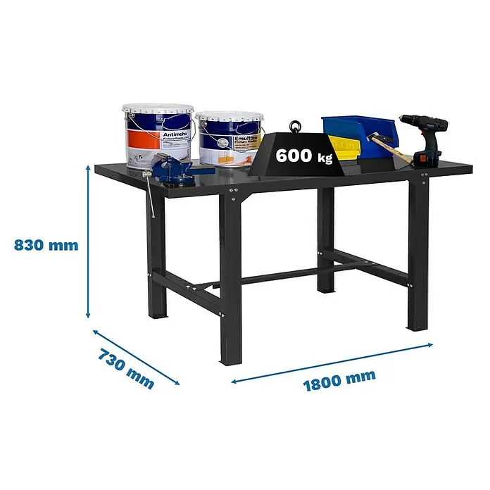 Simonrack Simonwork Werkbank BT6L METAL 1800 - L x B: 73 x 180 cm, Arbeitshöhe: 83 cm, Belastbarkeit: 600 kg, Schwarz - Schwarze Metall-Werkbank, 1800x730x830 mm, 600 kg Traglast.