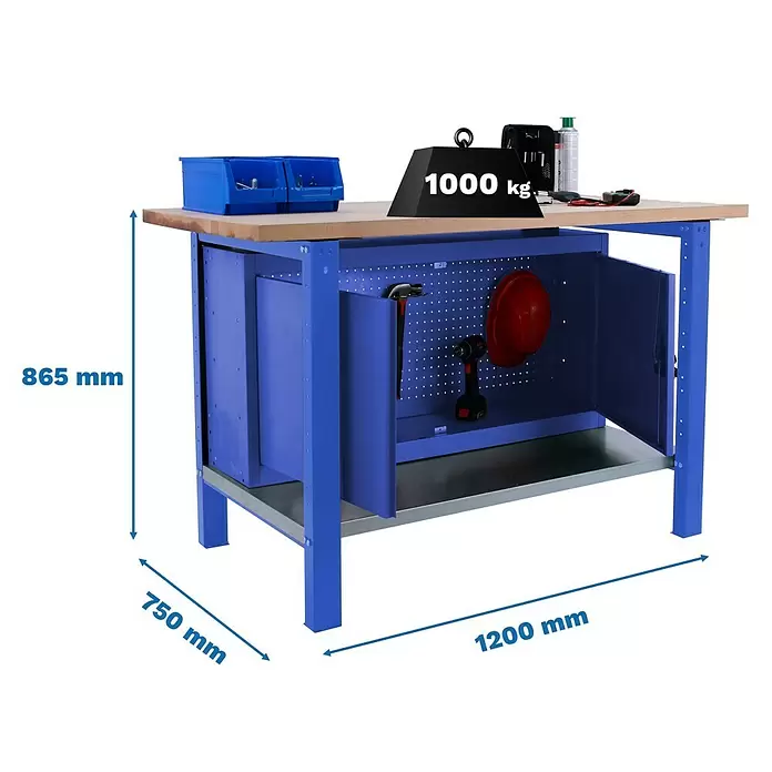 Simonrack Simonwork Werkbank BT6 PRO CABINET 1200 - L x B: 75 x 120 cm, Arbeitshöhe: 86,5 cm, Belastbarkeit: 1.300 kg, Blau/Holz - Blaue Metall-Werkbank mit Holzplatte, 865x1200x750 mm, mit Stauraum, Lochwand und 1000 kg Tragfähigkeit.