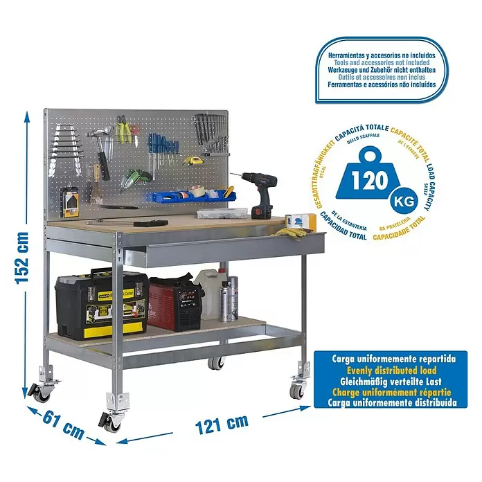 Simonrack Simonwork Werkbank MOBILE BT2 BOX - L x B: 61 x 121 cm, Arbeitshöhe: 152 cm, Belastbarkeit: 120 kg, Silber - Werkbank aus verzinktem Metall mit Holzplatte, Lochwand, Ablagefläche und Rollen. Maße: 152x121x61 cm, 120 kg Traglast.