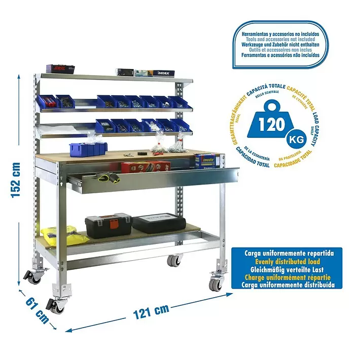 Simonrack Simonwork Werkbank MOBILE BT1 BOX - L x B: 61 x 121 cm, Arbeitshöhe: 152 cm, Belastbarkeit: 120 kg, Silber - Mobiler Metall-Werkbank mit Holzplatte, Regalen und blauen Lagerbehältern auf Rollen, 120 kg Tragfähigkeit.