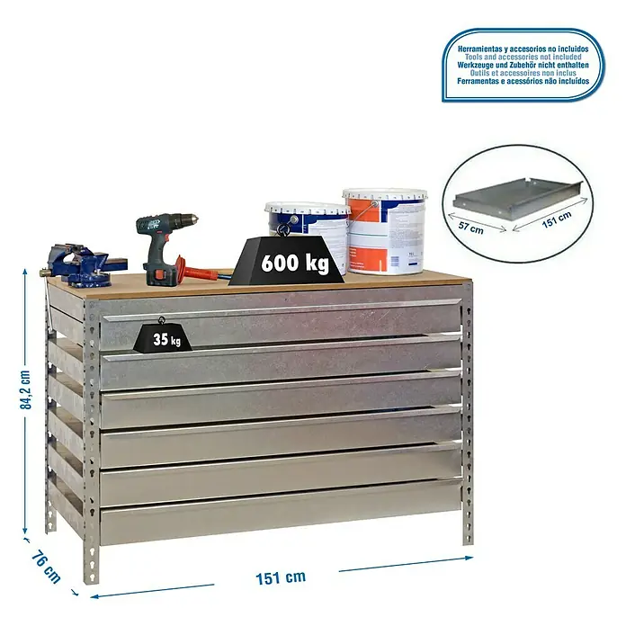 Simonrack Simonwork Werkbank BT5 Box 6 1500 - L x B: 76 x 151 cm, Arbeitshöhe: 84,2 cm, Belastbarkeit: 810 kg, Verzinkt - Produktbild einer Werkbank mit Schubladen, Werkzeug, Farbe und Gewichtsangaben.