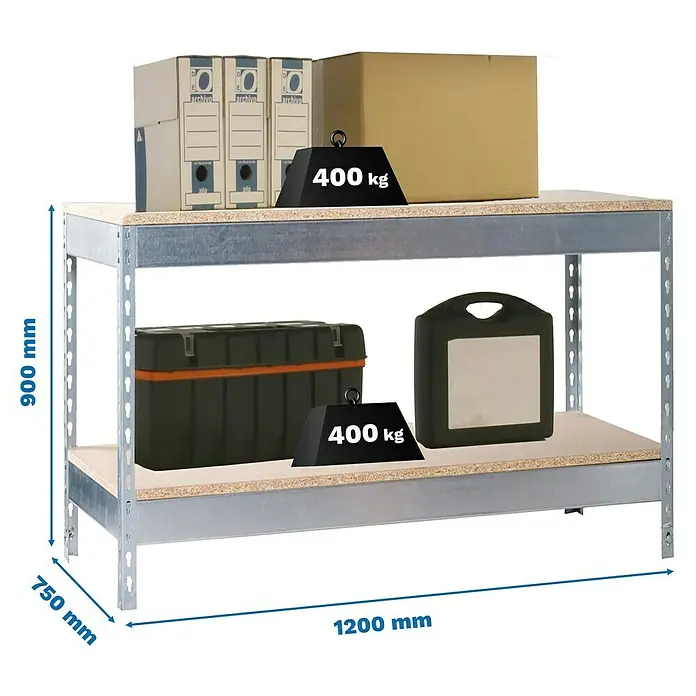 Simonrack Simonwork Werkbank Basic 2 - L x B: 75 x 120 cm, Arbeitshöhe: 90 cm, Belastbarkeit: 400 kg, Silber - Abbildung eines Lagerregals mit zwei Ebenen, beladen mit Ordnern, einer Kiste und Gewichten, mit Maßangaben der Abmessungen.