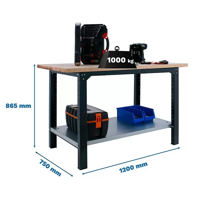 Simonrack Simonwork Werkbank BT6 PRO 1200 - L x B: 75 x 120 cm, Arbeitshöhe: 86,5 cm, Belastbarkeit: 1.300 kg, Schwarz/Holz - Robuste Werkbank mit Holzarbeitsplatte, Metallgestell, unterem Regal, 865x750x1200mm, 1000kg Traglast, mit Werkzeugen.