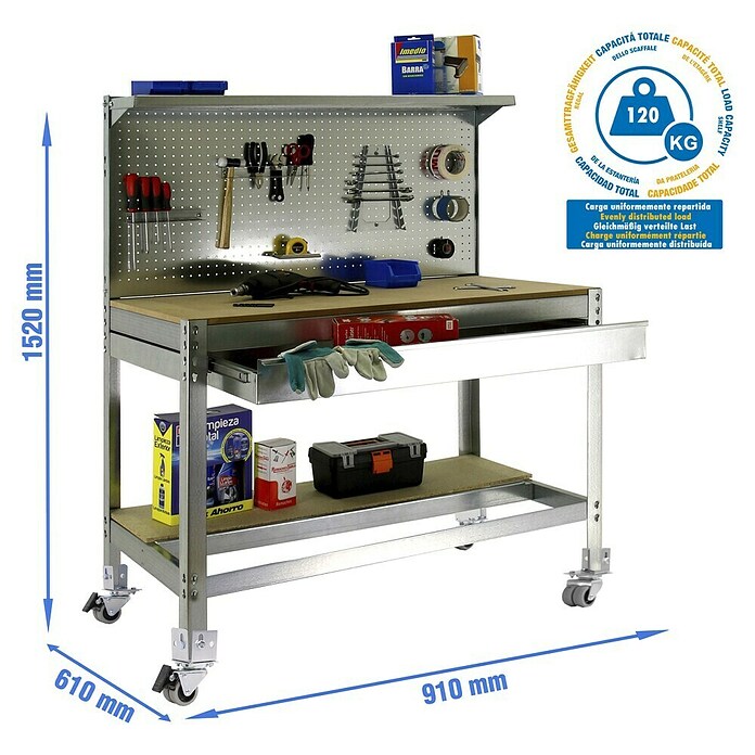 Simonrack Simonwork Banco de trabajo BT3 Box Mobile (L x An: 61 x 91 cm, Altura de trabajo: 152 cm, Carga soportada: 120 kg, Galvanizado) | BAUHAUS