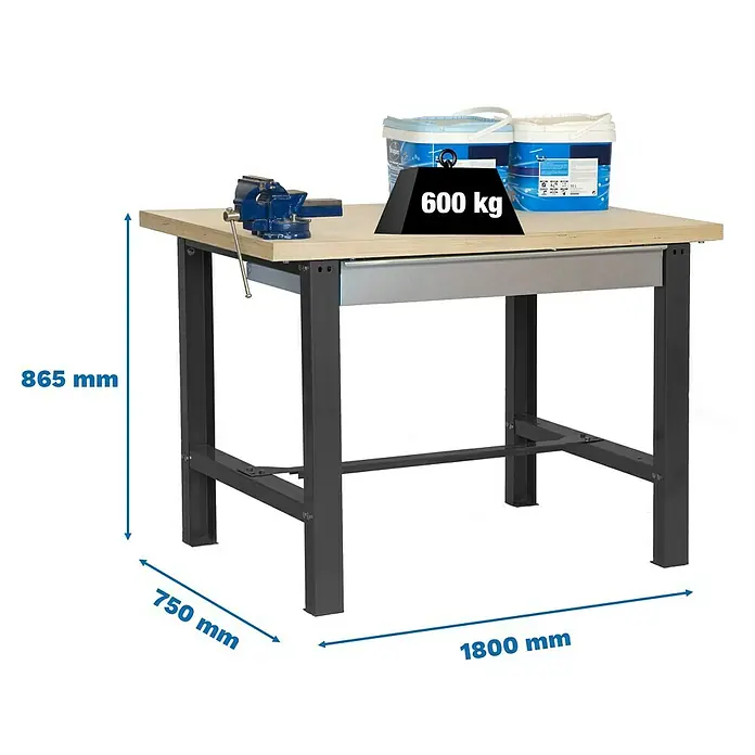 Simonrack Simonwork Banco de trabajo BT6L Box - L x An: 75 x 180 cm, Altura de trabajo: 86,5 cm, Carga soportada: 635 kg, Antracita - Banco de trabajo con tornillo de banco y dos cubos de pintura, las dimensiones están marcadas.